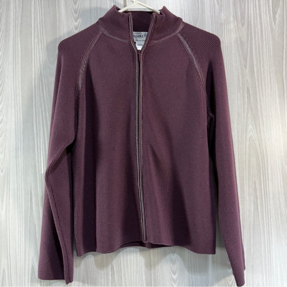 Pendleton Wool Mock‎ Neck Sweater Purple Zip Up Leather Trim Womens Sz Large